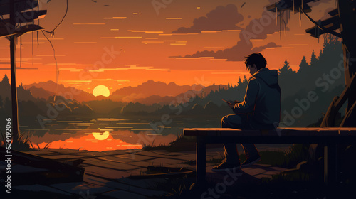 Beautiful lofi style outdoor environment with a boy