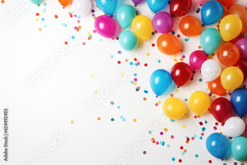 FestiveParty Setup  Colorful Balloons and Confetti Arrangement on White Background. Ideal for Promotional Materials with Ample Copy Space