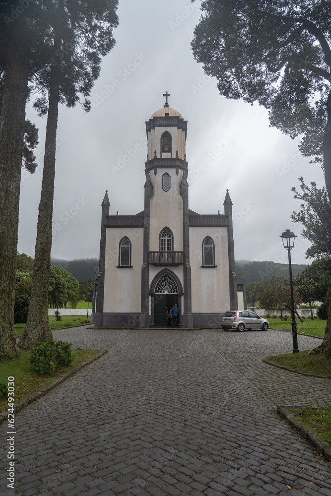 White and black church in Sao Miguel Island at the Azores. 