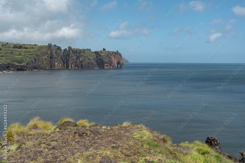Landscape on Sao Miguel in the Azores called the elephant rock. Beautiful dramatic cliffs. 