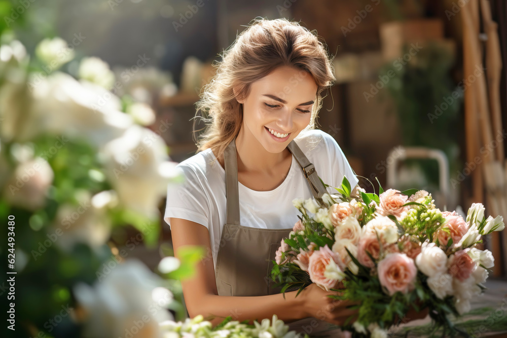 Beautiful woman florist creating bouquet in flower shop. Small business. Generative AI illustration
