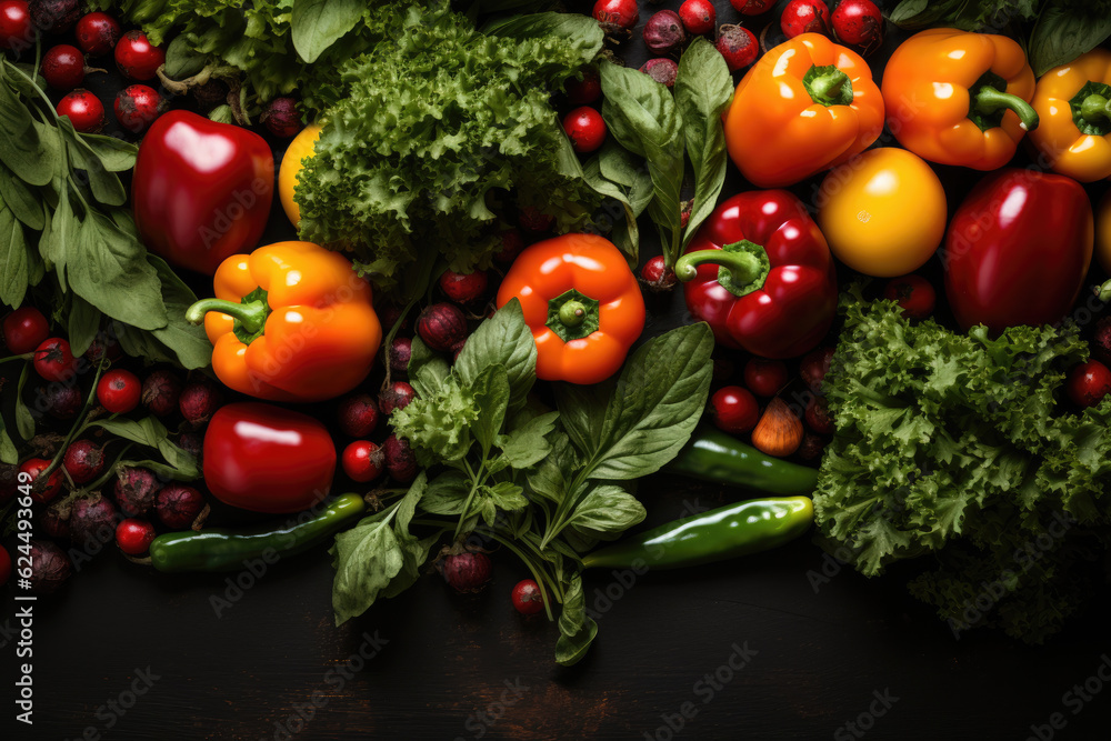 Fresh vegetables on black background. Variety of raw vegetables. Colorful various herbs and spices for cooking on dark background, copy space
