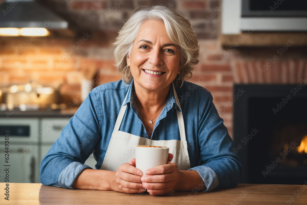 Portrait of a smiling happy senior italian woman cooks pizza on fire in the oven in a small pizzeria in the old Italian quarter. Concept of active age. Generative AI