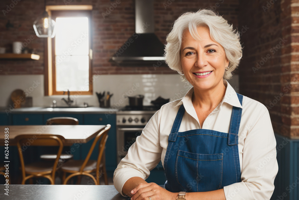 Portrait of a smiling happy senior italian woman cooks pizza on fire in the oven in a small pizzeria in the old Italian quarter. Concept of active age. Generative AI Portrait of a smiling happy senior italian woman cooks pizza on fire in the oven in a small pizzeria in the old Italian quarter. Concept of active age. Generative AI