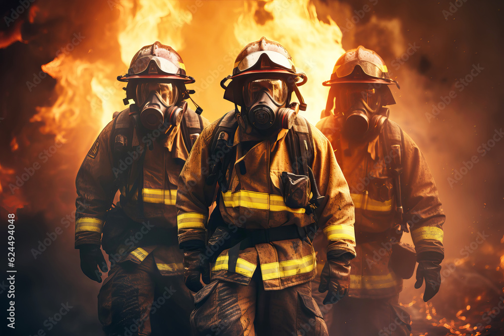 Heroic team of professional firefighters on the background of a wall of fire. Generative AI illustration Heroic team of professional firefighters on the background of a wall of fire. Generative AI illustration