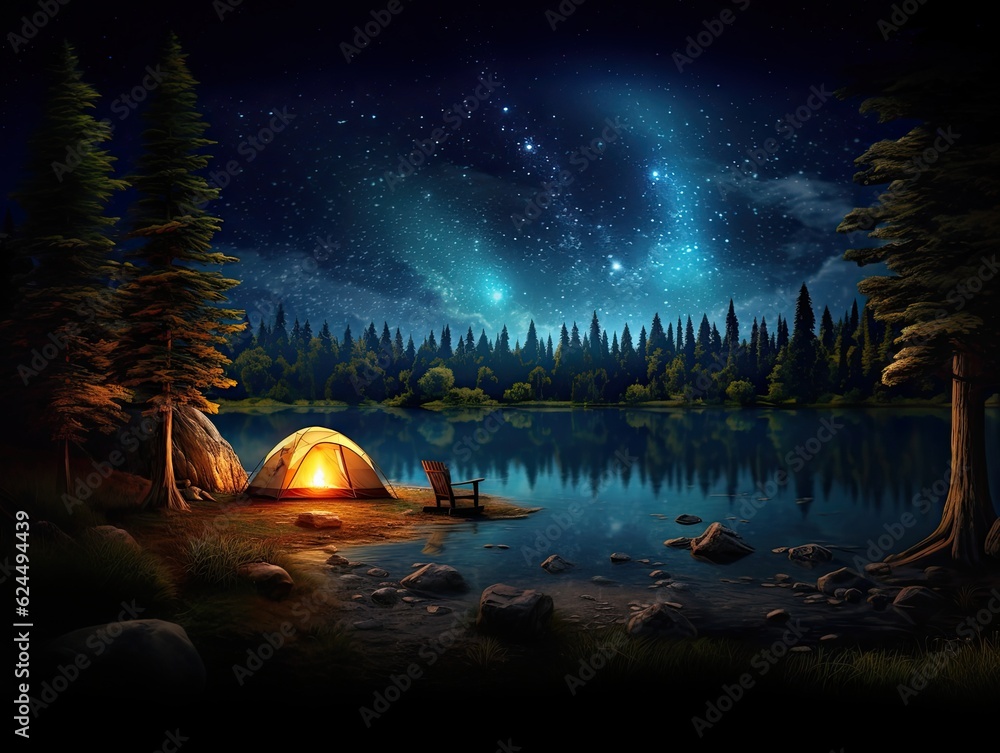 Illustration of a serene camping experience under the starry night sky in the woods created with Generative AI technology