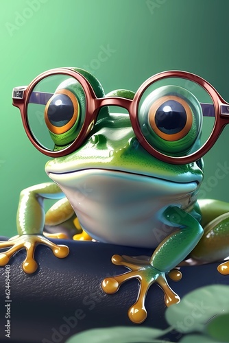  frog with big glasses on a green background