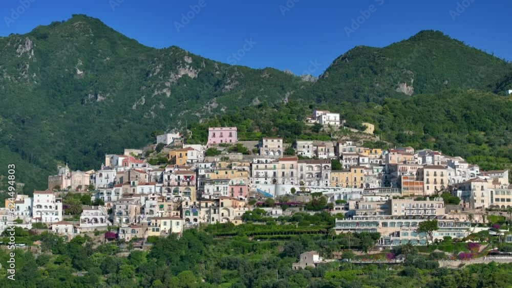 Aerial view to Vietri sul Mare and Salerno south city in Italy. Beautiful view from above to the sea and landscape. ships near town. Concept of tourism, journey and traveling. Amalfi Coast. Aerial view to Vietri sul Mare and Salerno south city in Italy. Beautiful view from above to the sea and landscape. ships near town. Concept of tourism, journey and traveling. Amalfi Coast.