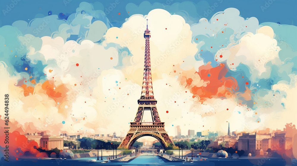 Abstract Paris France city architecture. Eiffel tower illustration concept art, Generative Ai