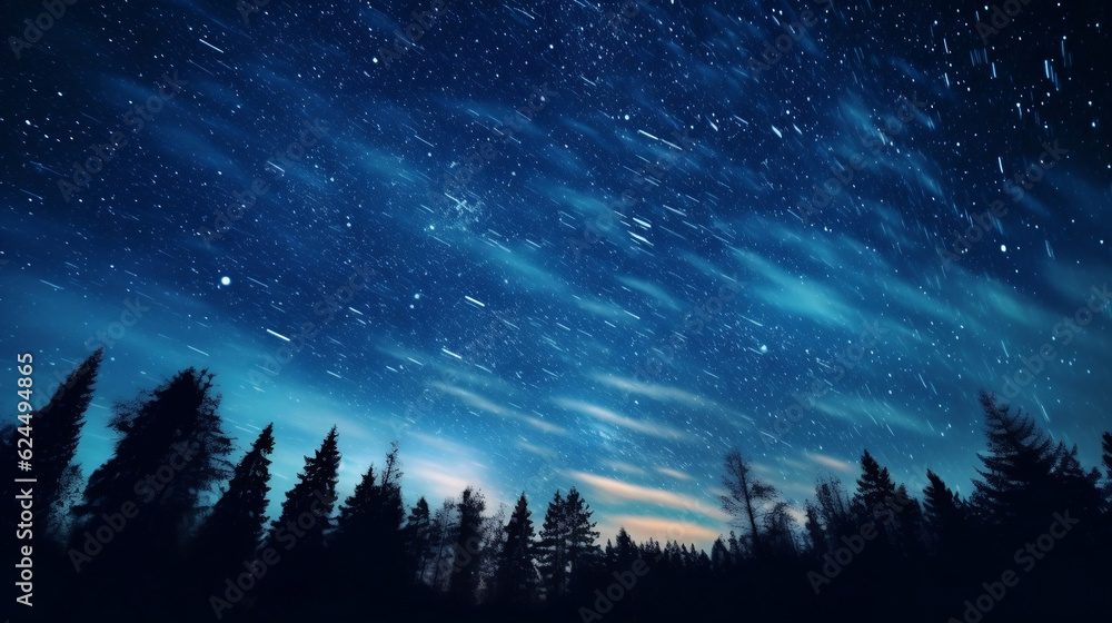 Abstract time lapse night sky with shooting stars over forest landscape. Milky way glowing lights background, Generative Ai Abstract time lapse night sky with shooting stars over forest landscape. Milky way glowing lights background, Generative Ai