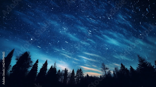 Abstract time lapse night sky with shooting stars over forest landscape. Milky way glowing lights background, Generative Ai
