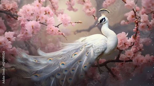 Beautiful white peacock with delicate feathers. Pink cherry blossom tree with ethereal bird. Spring flowers, Generative Ai