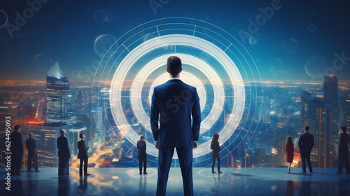 Business target concept. Businessman focus find opportunities for great investment. progressive vision for accuracy achieve aim goals, market leader, business growth and success, Generative Ai