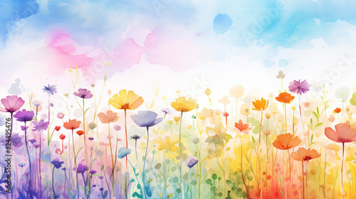Colorful watercolor abstract flower meadow background. Rainbow wildflower spring wallpaper, Generative Ai