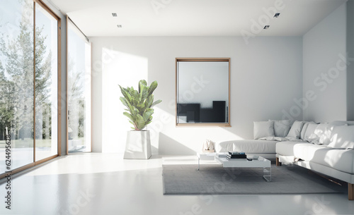 Modern bright interior living room idea with large windows © Leohoho