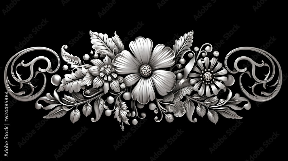 Delicate intricate filigree detailed silver design on black background. Floral pattern texture metal element. Ornate tattoo art, Generative Ai Delicate intricate filigree detailed silver design on black background. Floral pattern texture metal element. Ornate tattoo art, Generative Ai