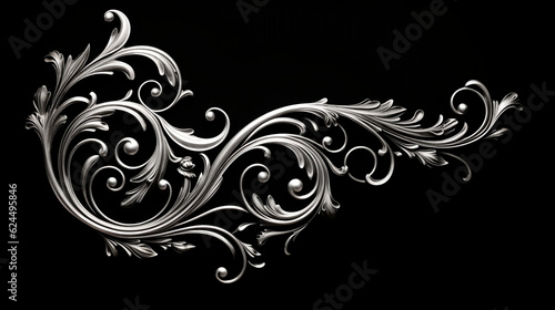 Delicate intricate filigree detailed silver design on black background. Floral pattern texture metal element. Ornate tattoo art, Generative Ai