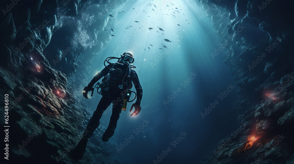Scuba deep sea diver swimming in a deep ocean cavern . Underwater exploration. Into the abyss, Generative Ai Scuba deep sea diver swimming in a deep ocean cavern . Underwater exploration. Into the abyss, Generative Ai