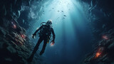 Scuba deep sea diver swimming in a deep ocean cavern . Underwater exploration. Into the abyss, Generative Ai
