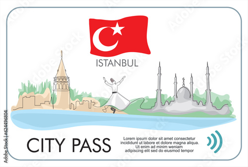 City pass in Istanbul. Bus, train, subway travel ticket with cashless payment system. Card with map of city with roads and houses. Vector illustration in Continuous one line style. 