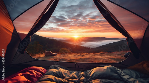 View of the serene landscape from inside a tent. Camping at campsite with sleeping bags. Stunning sunrise, Generative Ai