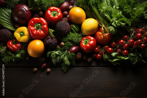 Fresh vegetables on black background. Variety of raw vegetables. Colorful various herbs and spices for cooking on dark background, copy space