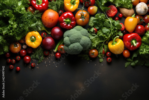 Fresh vegetables on black background. Variety of raw vegetables. Colorful various herbs and spices for cooking on dark background, copy space