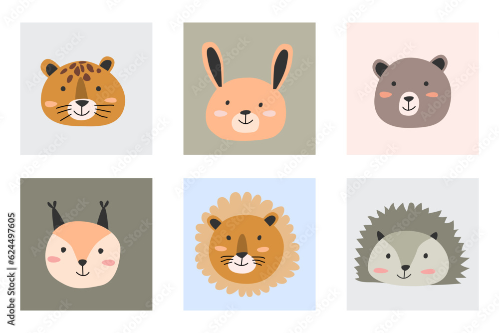 Set of simple portrait animals in scandinavian style. Cartoon wild african and forest animals faces set. Can used for baby clothes, cover design. 