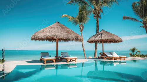 Luxurious swimming pool and loungers umbrellas near beach and sea with palm trees