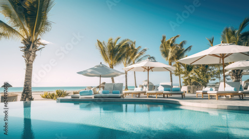 Luxurious swimming pool and loungers umbrellas near beach and sea with palm trees © Cedric