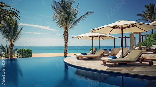 Luxurious swimming pool and loungers umbrellas near beach and sea with palm trees © Cedric