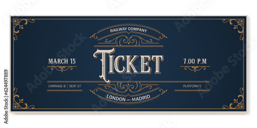Vintage ticket template on a dark blue background with golden ornament.  For excursion routes, retro parties, clubs and other projects. Just add your text. Vector, can be used for printing.