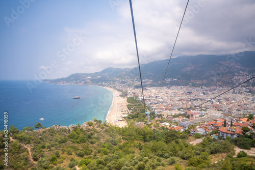 Aerial view of Cleopatra beach and Alanya from the cable car to Alanya castle, Turkey