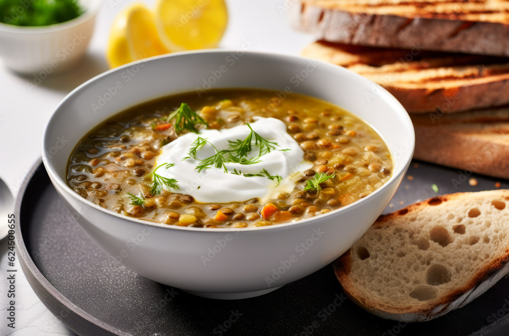 Bowl of spiced vegan Lentil Stew with carrot, potato, onion, topped with a spoon of yogurt and a pinch of dill Bowl of spiced vegan Lentil Stew with carrot, potato, onion, topped with a spoon of yogurt and a pinch of dill