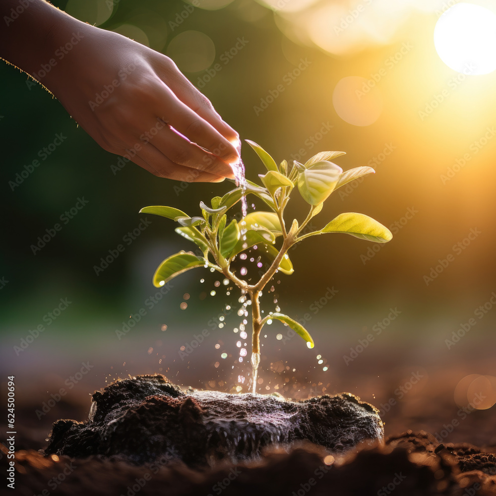 Fototapeta premium close up hand holding water and watering young tree to growing up