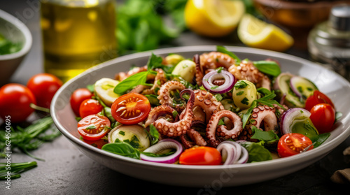 Octopus Salad. A delightful medley of tender octopus, creamy potatoes, juicy cherry tomatoes, zesty red onion, and fragrant fresh herbs.