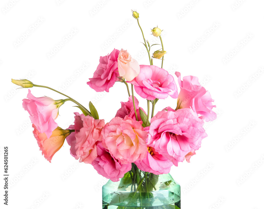 Vase with beautiful pink eustoma flowers on white background Vase with beautiful pink eustoma flowers on white background
