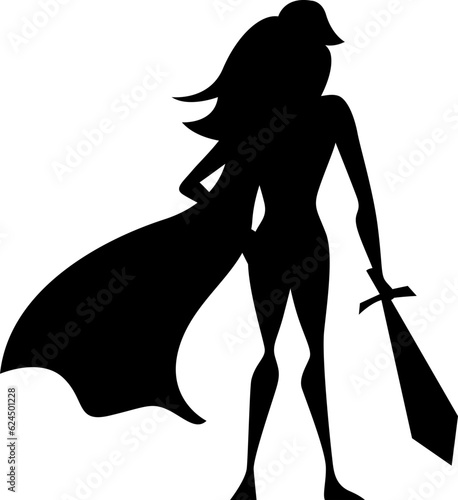 Super woman vector illustration. Comics superhero girl with sword. Hero silhouette on rays background.