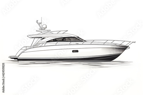 Detailed drawing of a modern luxury yacht in grayscale 