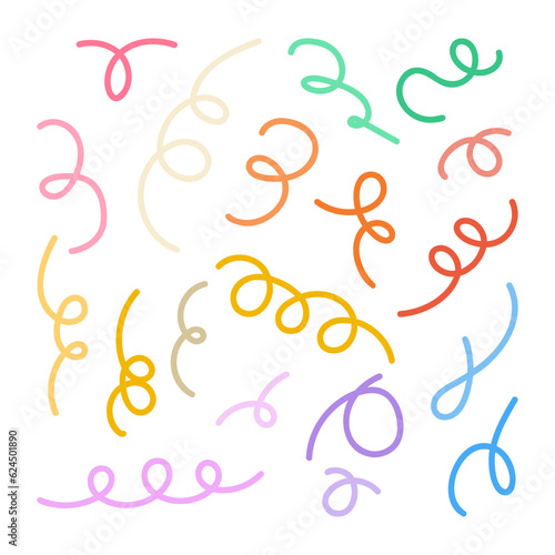 Squiggle loop colorful lines set. Simple twirl elements, hand drawn doodle decoration. Vector illustration isolated on white background