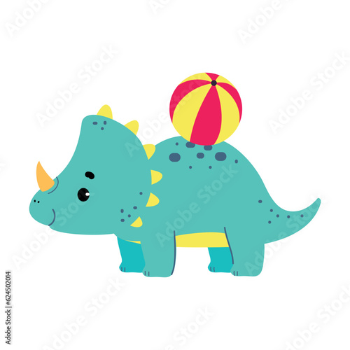 Cute Baby Dino Character with Ball Enjoy Summer Vector Illustration