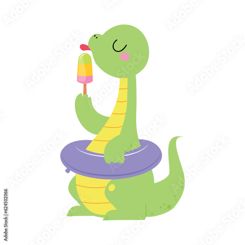 Cute Baby Dino Character Lick Ice Cream Sit with Rubber Ring Enjoy Summer Vector Illustration