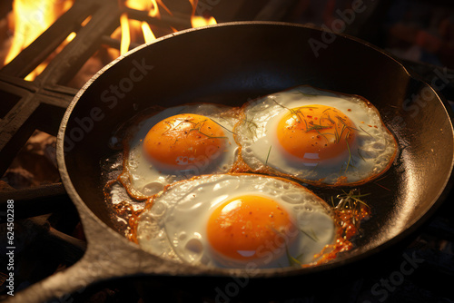 Fried eggs in a frying pan on fire. AI generative.