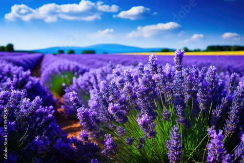 Immersive perspective from the back of a van, revealing a vast field of vibrant lavender in full bloom, stretching as far as the eye can see, with a clear blue sky overhead, creating a soothing and vi