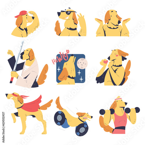 Cute Dog Pet in Different Situation Vector Set