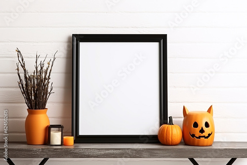 Halloween mockup, shelf with empty frame and holiday decorations. Black frame with pumpkin decor and candles, copy space. AI generated