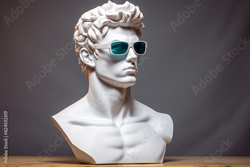 Ancient bust of a man wearing sunglasses, sculpture with glasses. Sculpture in modern glasses, minimal concept art. AI generated image.