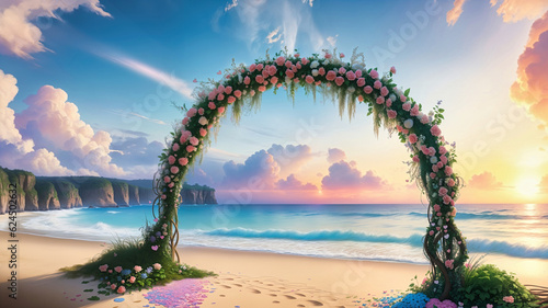 beach wedding venue  wedding setup  cabana  arch  gazebo decorated with flowers  beach wedding setup