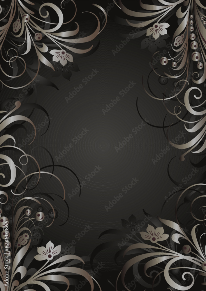Dark gray solemn background with floral ornament with graceful curls and flowers. Background for invitations and cards. Dark gray solemn background with floral ornament with graceful curls and flowers. Background for invitations and cards.