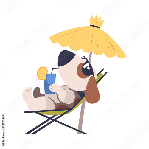 Cute Dog Pet Sunbathing Under Straw Umbrella with Refreshing Drink Vector Illustration